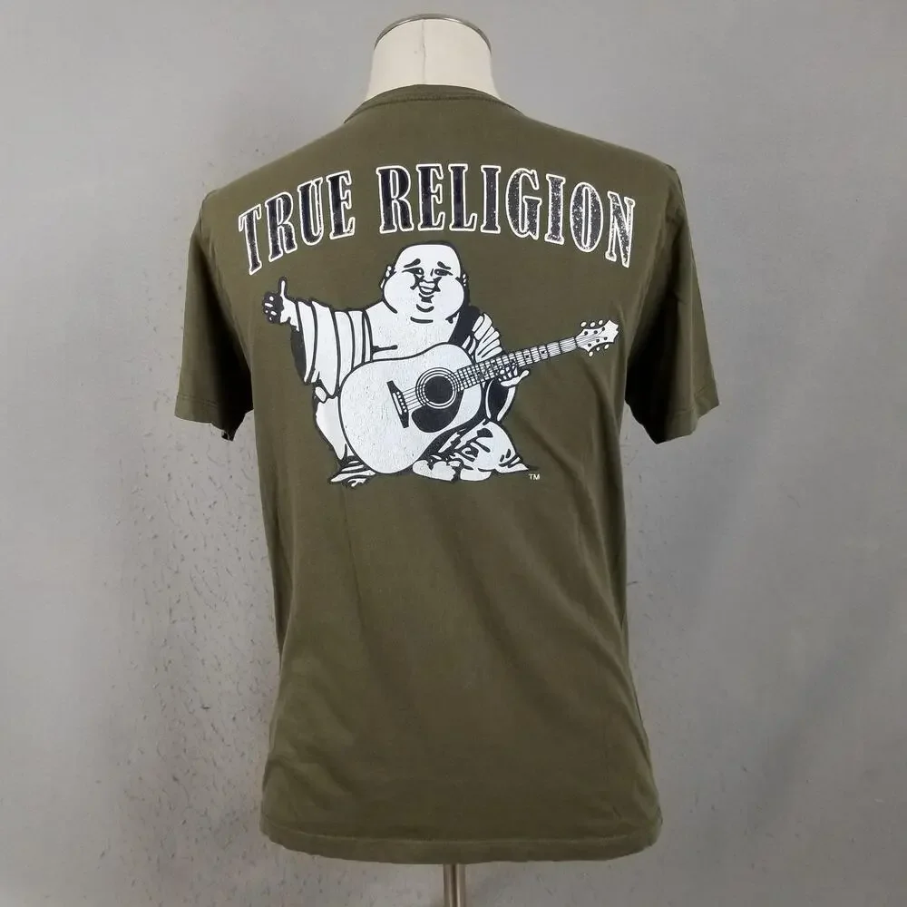 True Religion Shirt Mens Medium‎ Green Buddha Guitar Graphic Tee Logo Casual